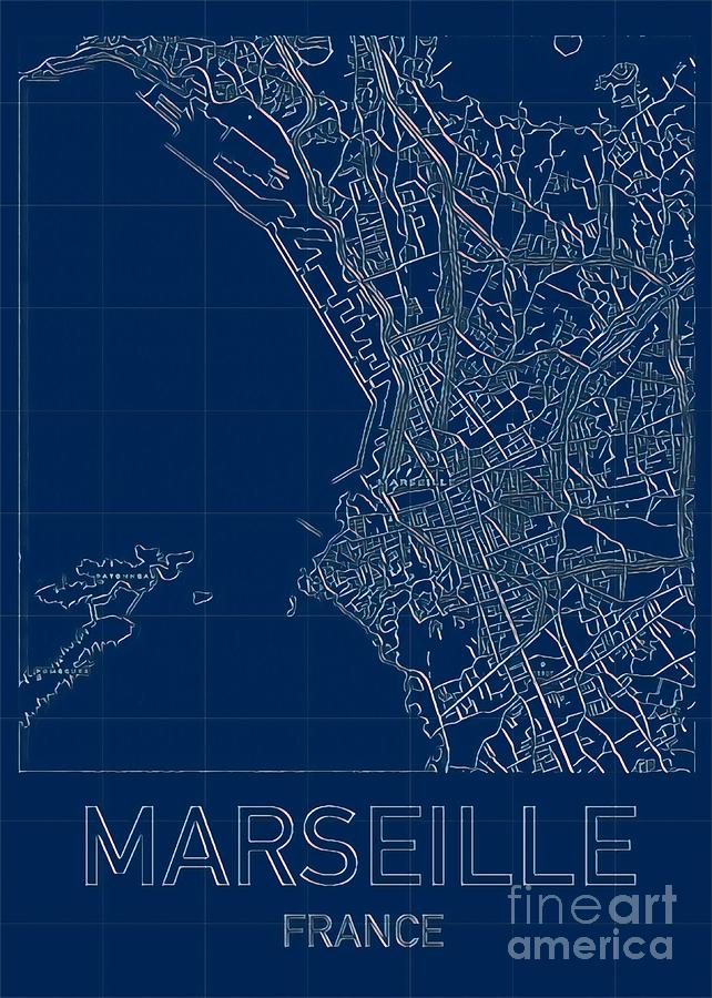 Marseille Blueprint City Map Digital Art by HELGE Art Gallery