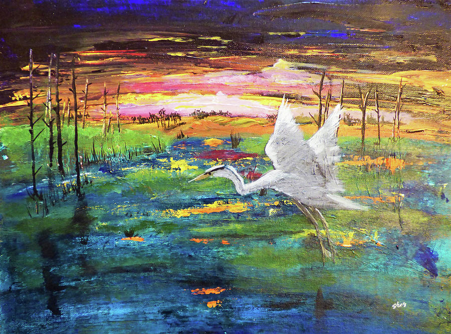 Marsh Sunset With Egret Painting