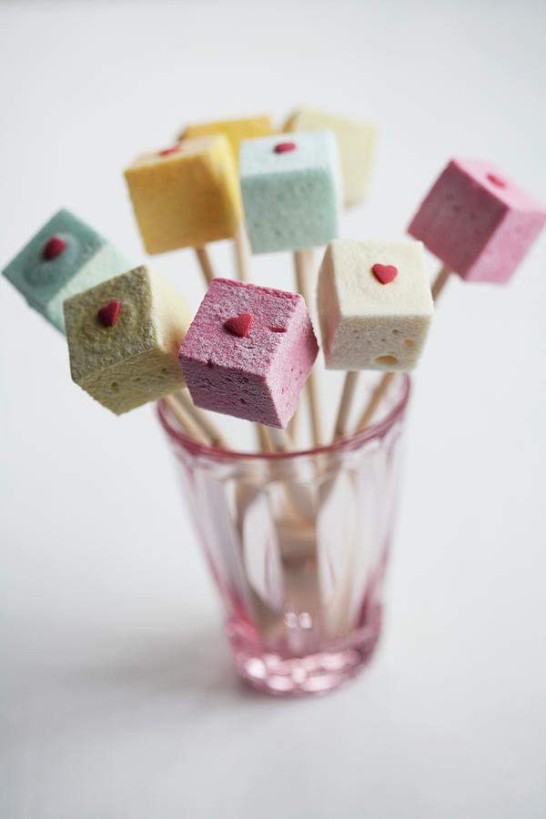Marshmallow Skewers With Sugar Hearts Photograph by Schindler, Martina