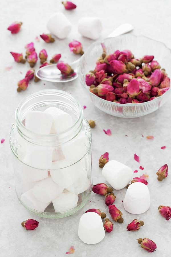 Marshmallows And Dried Rose Flowers Photograph by Jane Saunders