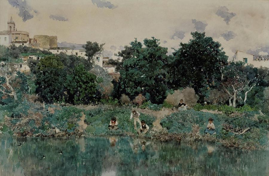 Martin Rico y Ortega / On the Banks of the Guadaira. 1871. Watercolour on paper. Painting by Martin Rico y Ortega -1833-1908-