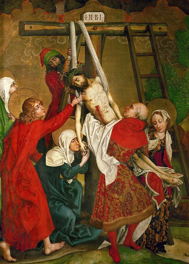 Martin Schongauer / The Deposition from the Cross, 1475. JESUS. MARY MAGDALENE. Painting by Martin Schongauer -c 1440-1491-