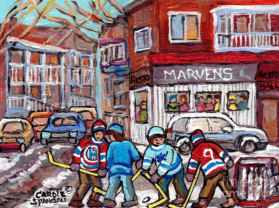 Marvens Greek Restaurant Park Ex Paintings Montreal Winterscenes Hockey Art C Spandau Streetscenes Painting by Carole Spandau