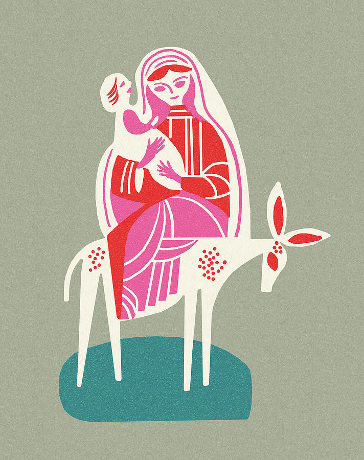 Vintage Drawing - Mary and Baby Jesus on a Donkey by CSA Images