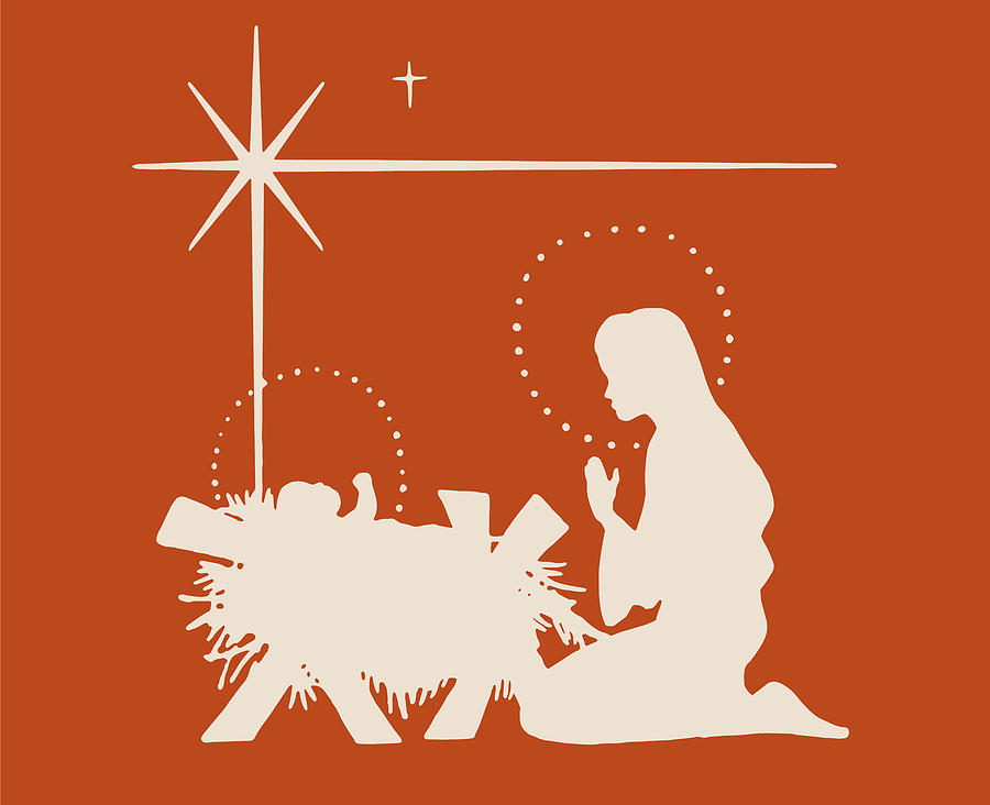 Mary Kneeling Before Jesus in a Manger Drawing by CSA Images - Fine Art