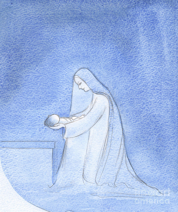 Mary, Kneeling, Places Her Baby Down For Sleep, Unconcerned With