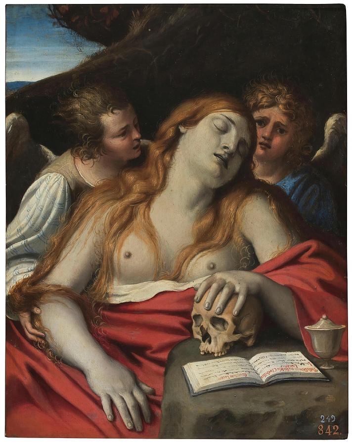 Mary Magdalene and Two Angels. Early Ultimo tercio del siglo XVI - XVII cen... Painting by Annibale Carracci -1560-1609-