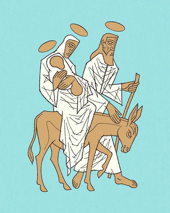 Vintage Drawing - Mary Riding on a Donkey with Jesus and Joseph by CSA Images