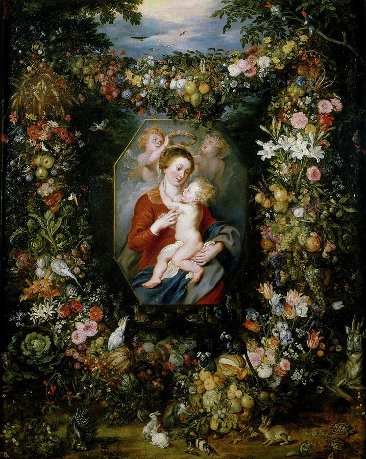 Mary Virgin and Child with Wreath of Flowers and F... Painting by Peter Paul Rubens -1577-1640- Jan Brueghel the Elder -1568-1625-