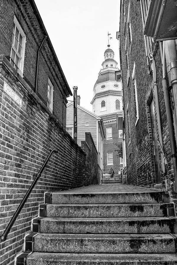 Maryland Statehouse at Chancery Lane in Black and White Photograph by Bill Cannon