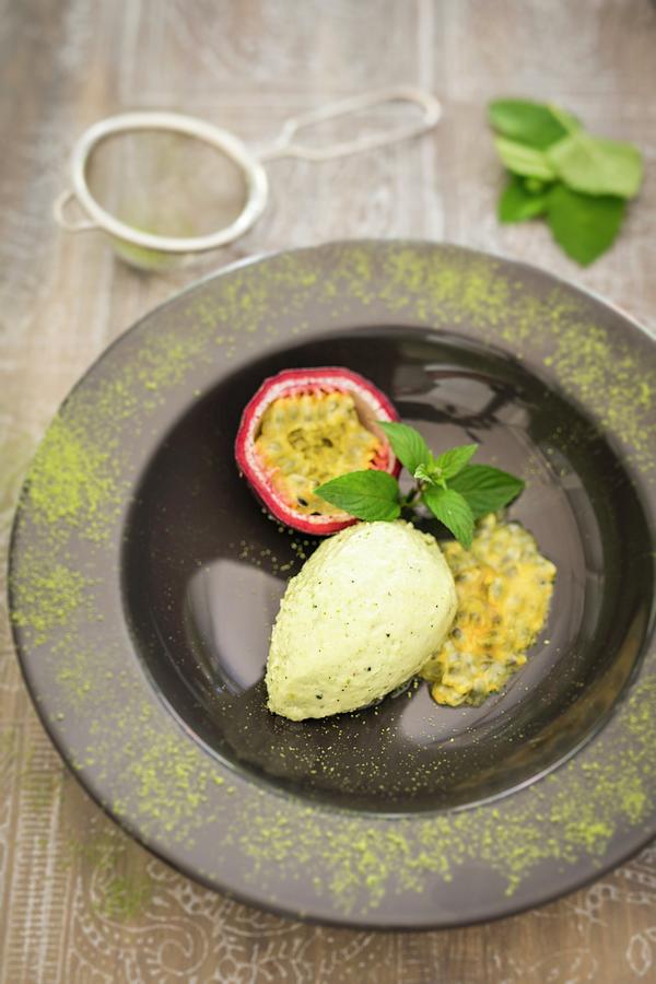 Marzipan Mousse With Green Tea And Passionfruit Photograph by Jan Wischnewski