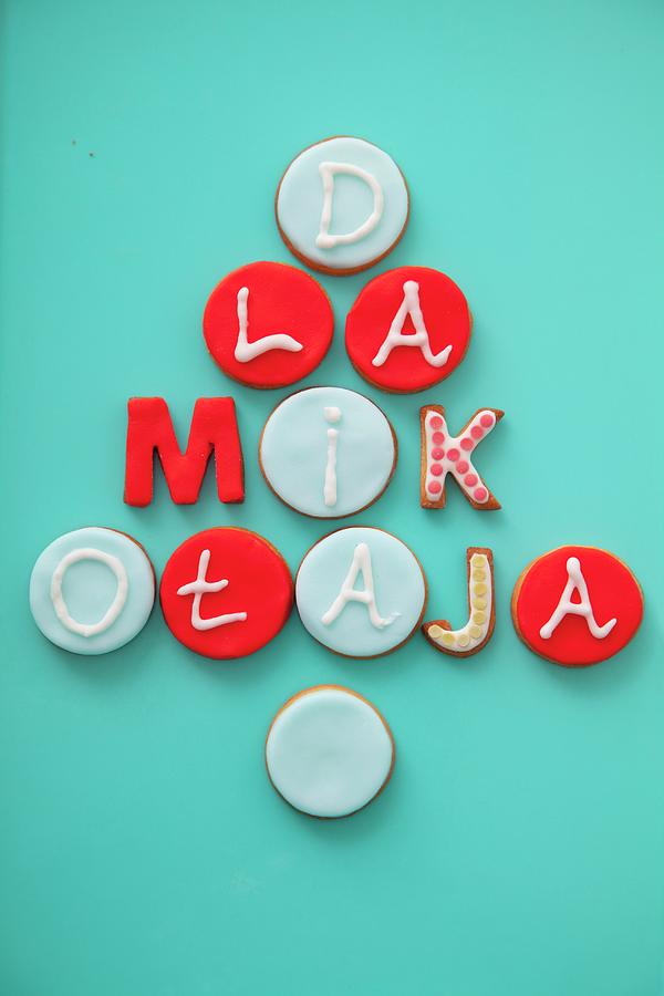 Marzipan-topped Biscuits Decorated With Letters Spelling dla Mikotaja for St. Nicholas, Poland Photograph by Studio Lipov