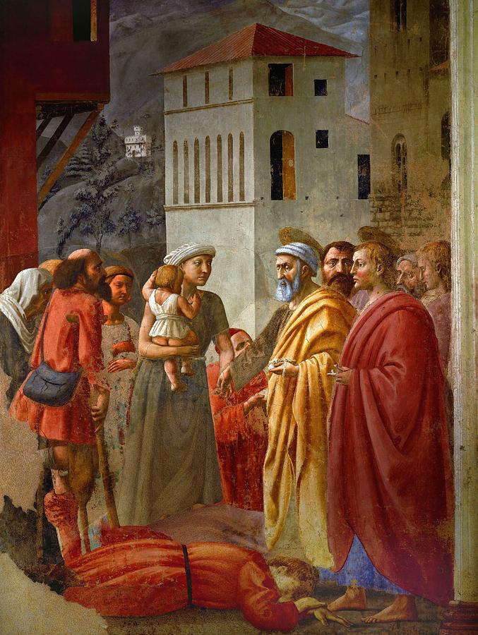 Masaccio / The Distribution of Alms and Death of Ananias, 1425-1428, Fresco. SAINT PETER. Painting by Masaccio -1401-1428-