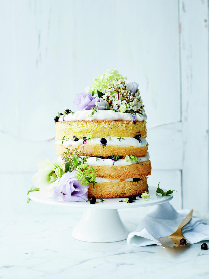 Mascarpone Blueberry Naked Cake Decorated With Flowers Photograph By Swalens Fine Art America 