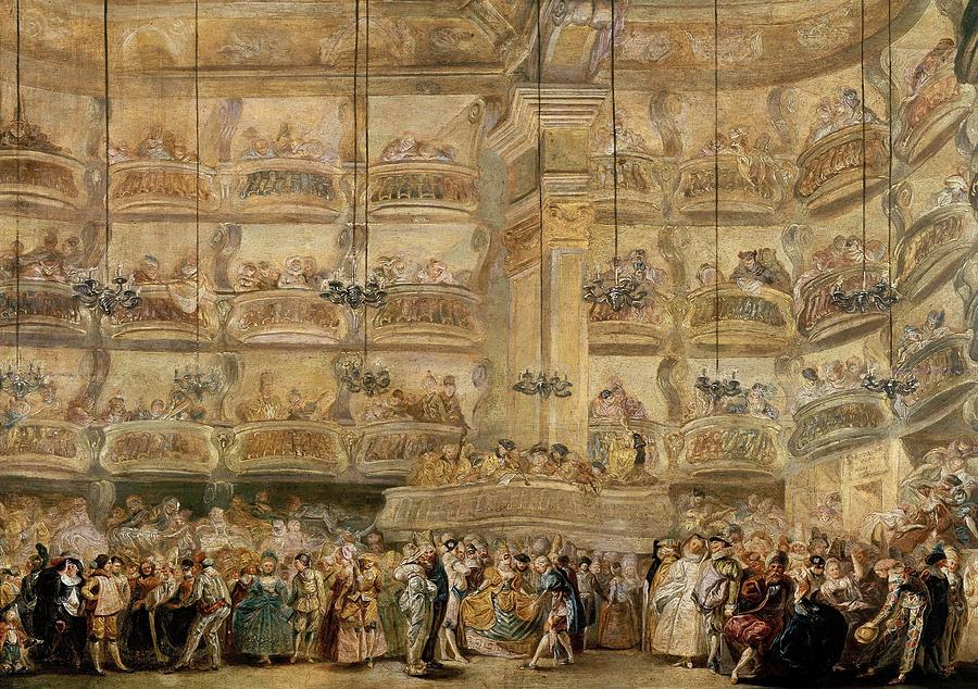 Masked Ball, ca. 1767, Spanish Baroque, Oil on panel, 40 x 51 cm, P02875. Painting by Luis Paret y Alcazar -1746-1799-
