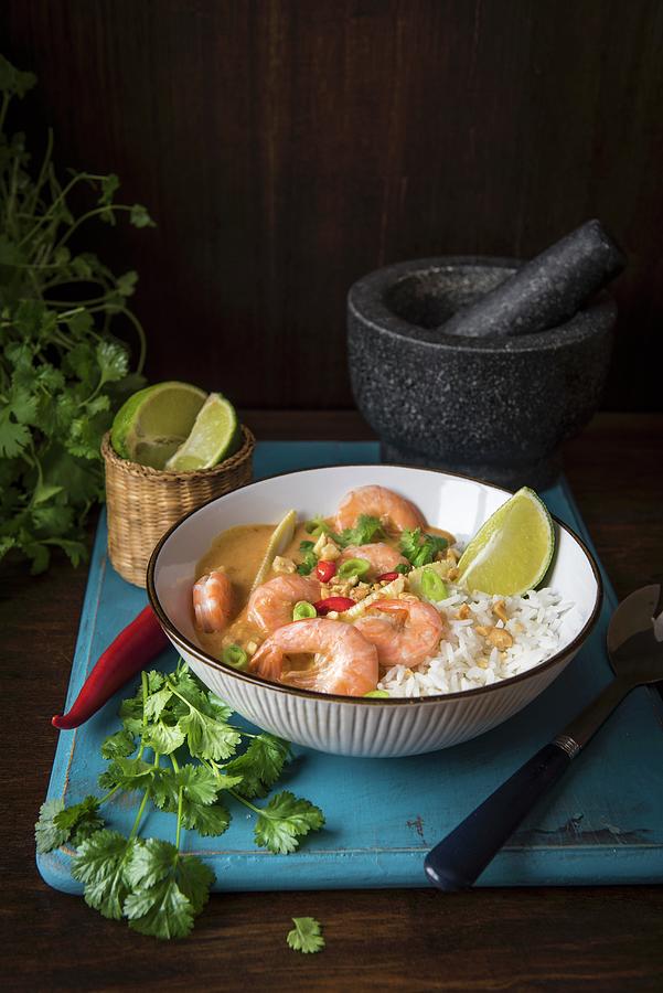 Massaman Thai Curry With Prawns, Rice, Fresh Chilli, Lime And Coriander Photograph by Magdalena Hendey