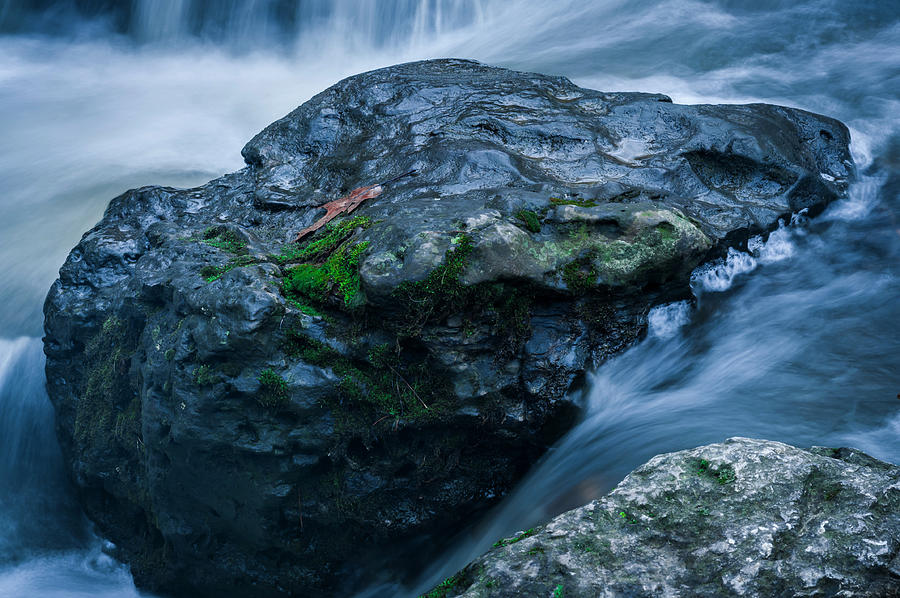 Abstract Photograph - Massive Moss Covered Rock Under Waterfalls by Anthony Paladino