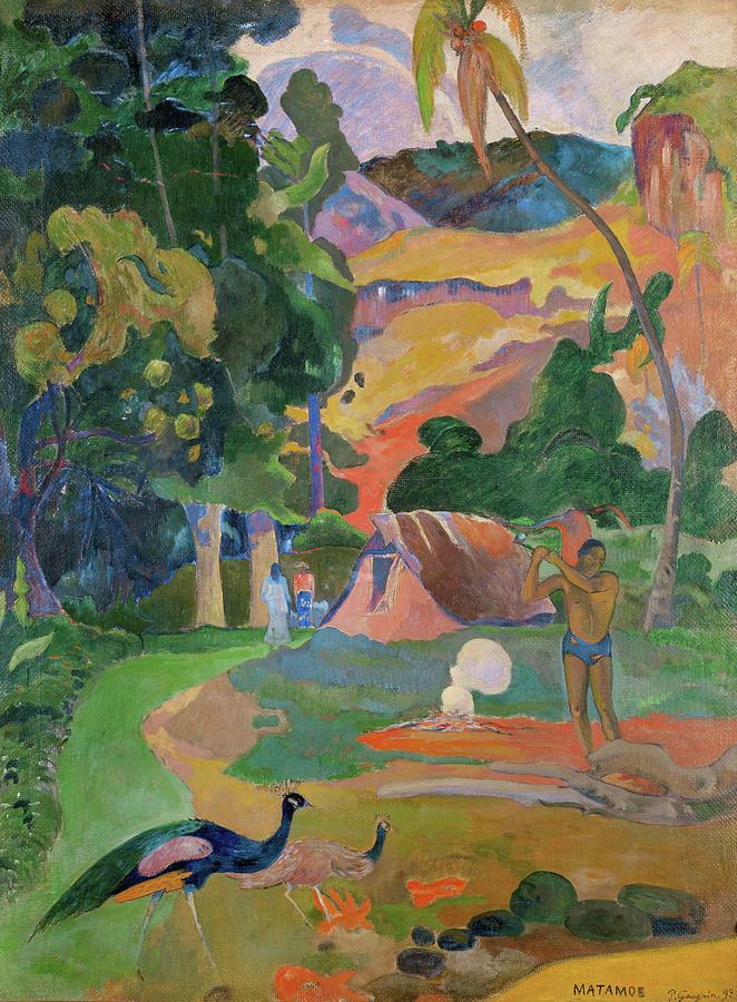 Matamoe -Peacocks in the country-. Path, hut, and a working man, peacocks in the foreground. 1892. Painting by Eugene Henri Paul Gauguin -1848-1903- Matamoe -Peacocks in the country-. Path, hut, and a working man, peacocks in the foreground. 1892. Painting by Eugene Henri Paul Gauguin -1848-1903-