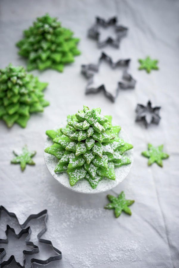 Matcha Biscuit Christmas Trees vegan With Cookie Cutters Photograph by Kati Neudert