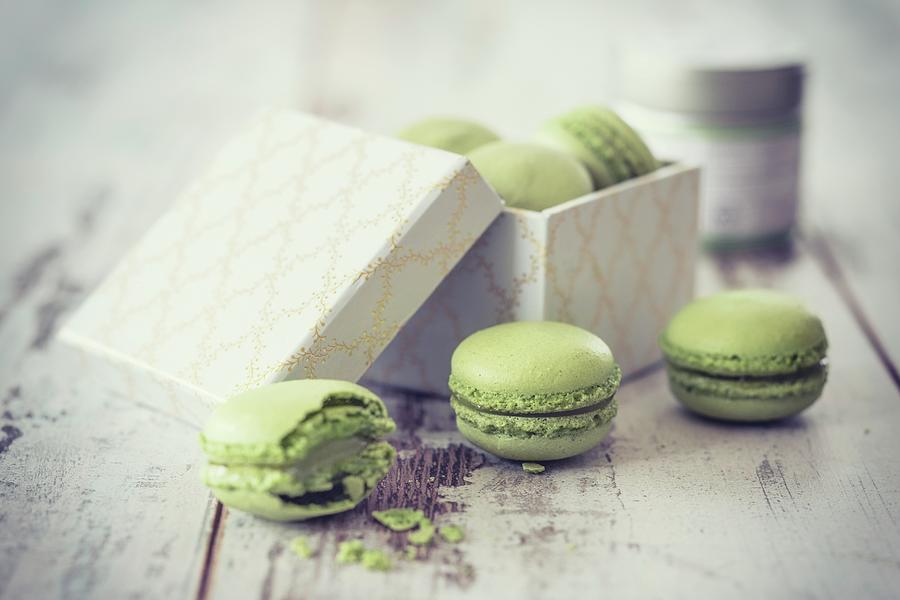 Matcha Macaroons With A Gift Box Photograph by Jan Wischnewski