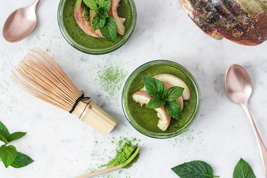 Matcha Panna Cotta With Peach And Mint Photograph by Mel Boehme