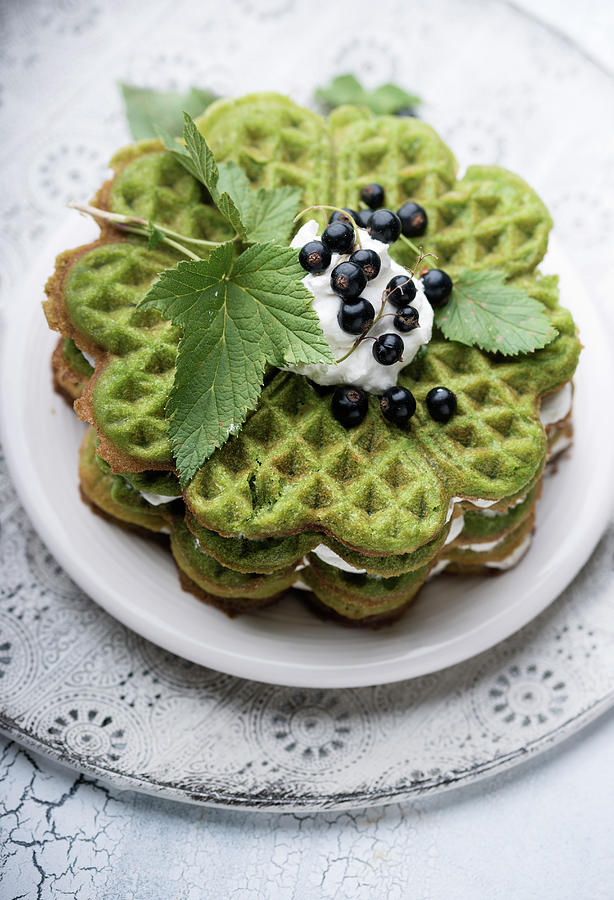 Matcha Waffle Cake With Vanilla Cream And Fresh Blackcurrants Photograph by Kati Neudert