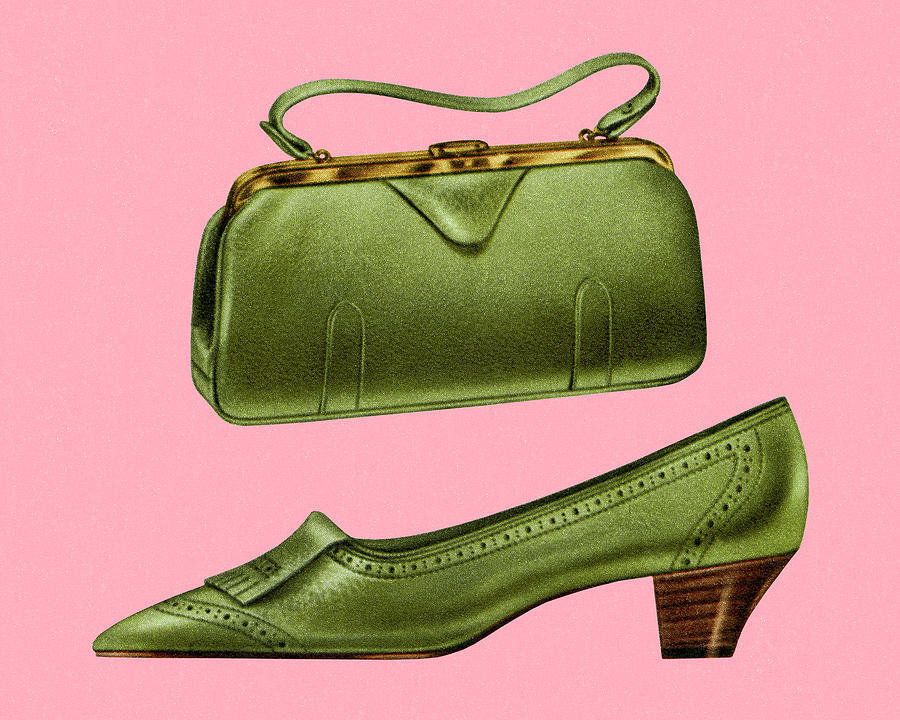 Vintage Drawing - Matching Green Pumps and Handbag by CSA Images