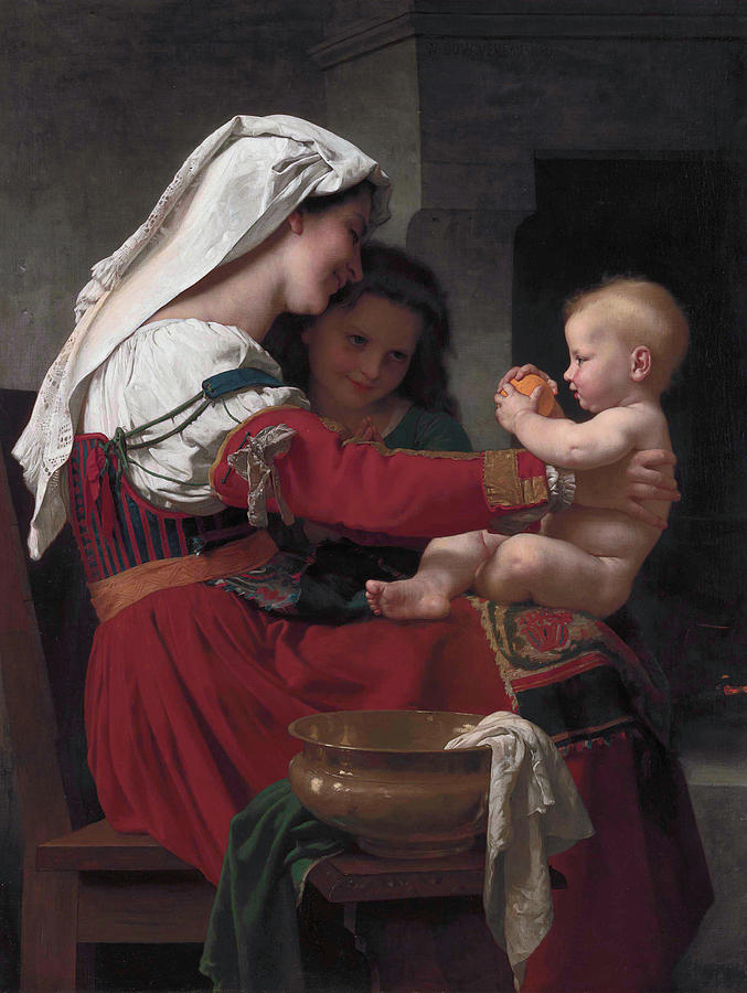 William Adolphe Bouguereau Painting - Maternal admiration - the bath by William-Adolphe Bouguereau