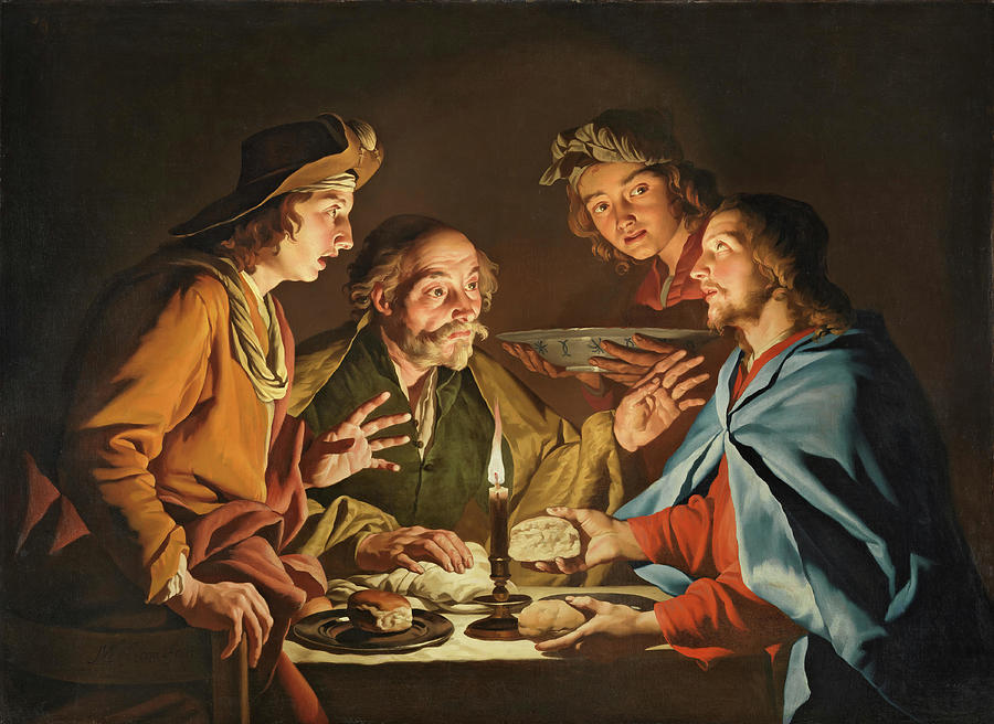 Matthias Stom -Amersfoort, ca. 1600-Sicily or north Italy -?-, after 1652-. The Supper at Emmaus... Painting by Matthias Stom -c 1600-despues 1652-