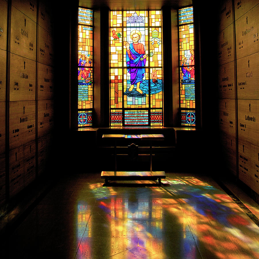 Stained Glass Photograph - Mausoleum Stained Glass 01 SQ Format by Thomas Woolworth