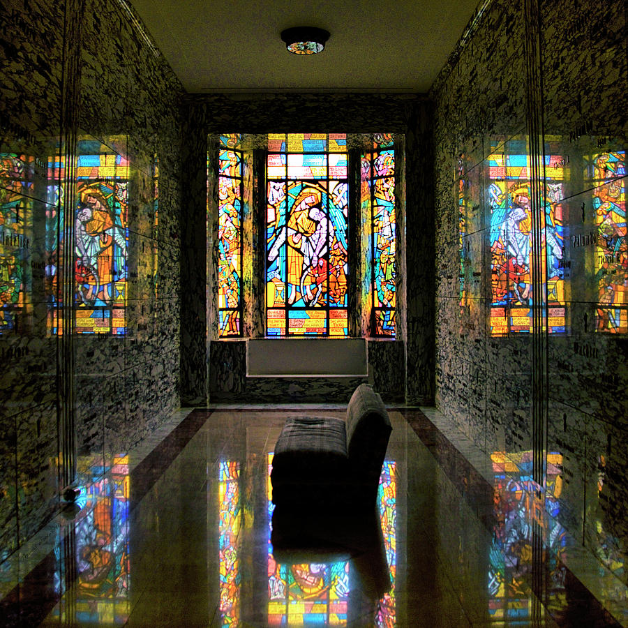 Stained Glass Photograph - Mausoleum Stained Glass 03 SQ Format by Thomas Woolworth