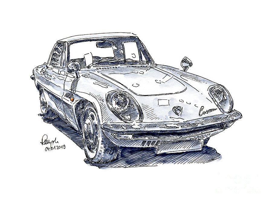 Car Drawing - Mazda Cosmo Sport 110S Classic Car Ink Drawing and Watercolor by Frank Ramspott