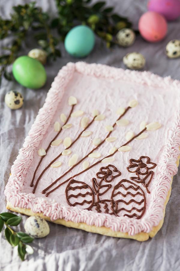 Mazurek Polish Easter Cake With Pink Frosting And Chocolate Patterns ...