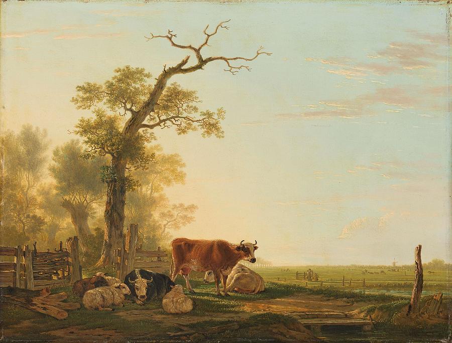 Meadow Landscape with Animals. Painting by Jacob van Strij