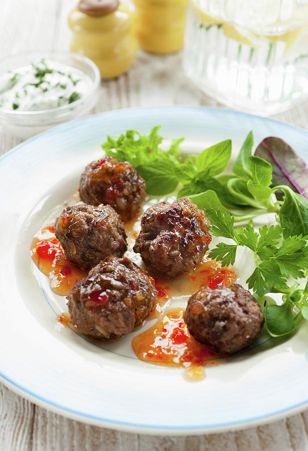 Meatballs With A Sweet And Spicy Chilli Sauce And A Side Salad Photograph by Jonathan Short