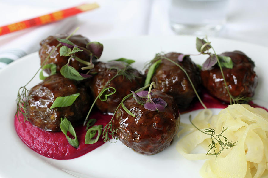 Meatballs With Berkshire Pork, Five Spice-cider Glaze, Apple-beet-ginger Pure And Pickled Fennel Photograph by Doug Schneider Photography
