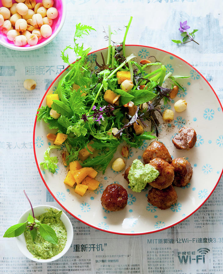Meatballs With Mango Salad And A Thai Basil Dip asia Photograph by Udo Einenkel