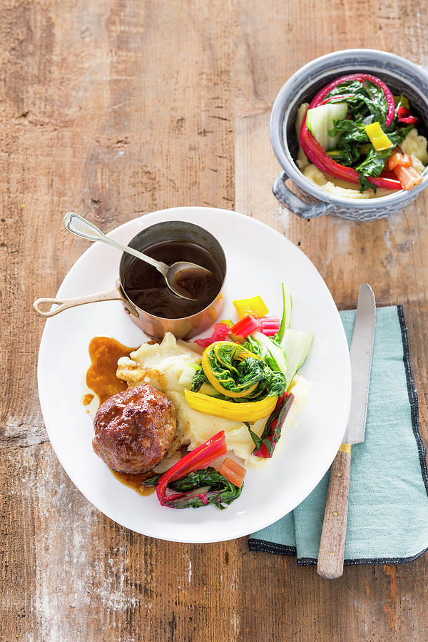 Meatballs With Mashed Potatoes And Gold-stemmed Chard Photograph by Peter Kooijman