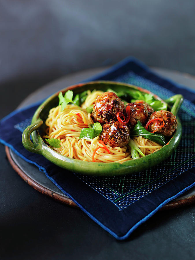 Meatballs With Noodles, Vegetables, And Sesame Seeds Photograph by Karen Thomas