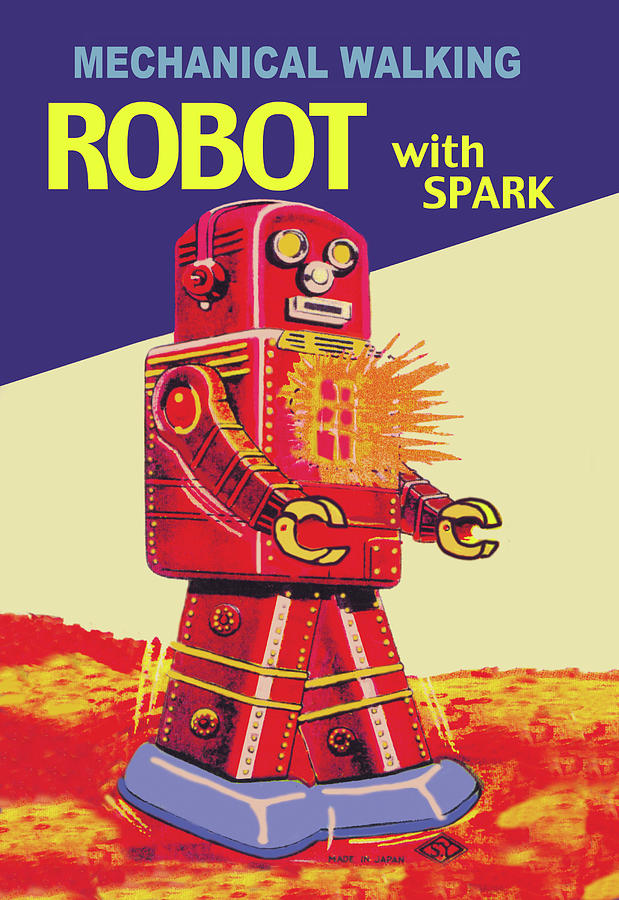 Mechanical Walking Red Robot with Spark Painting by Unknown