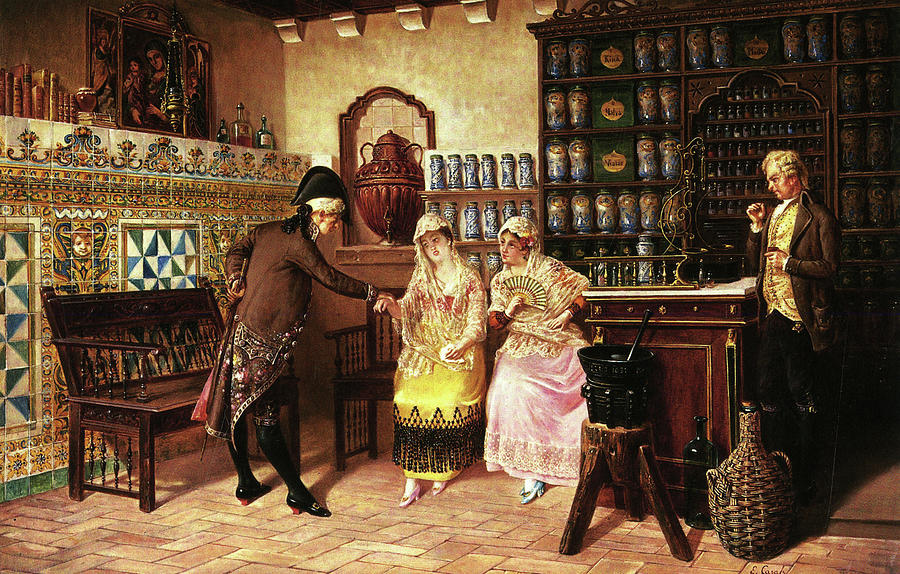 Medical Practitioner takes a Ladys pulse in a Pharmacy Painting by Emil Casals I Camps