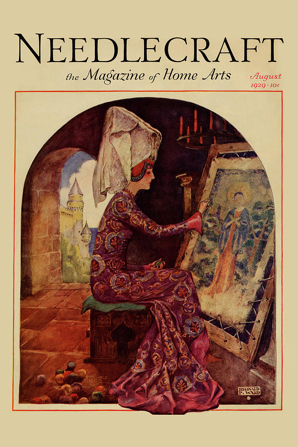 Medieval Girl sews a tapestry Painting by Reginald P. Ward