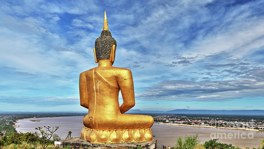 Meditating Gautama Buddha Sculpture Overlooking Mekong River Photograph
