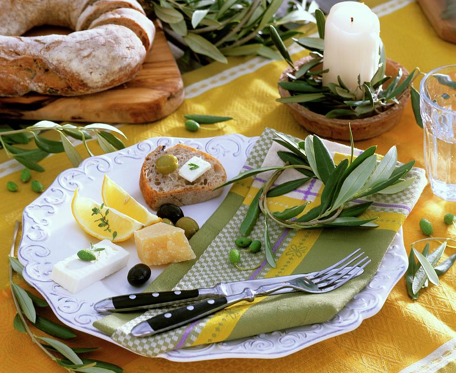 Mediterranean Appetiser Plate Decorated With Olive Branches Photograph by Strauss, Friedrich