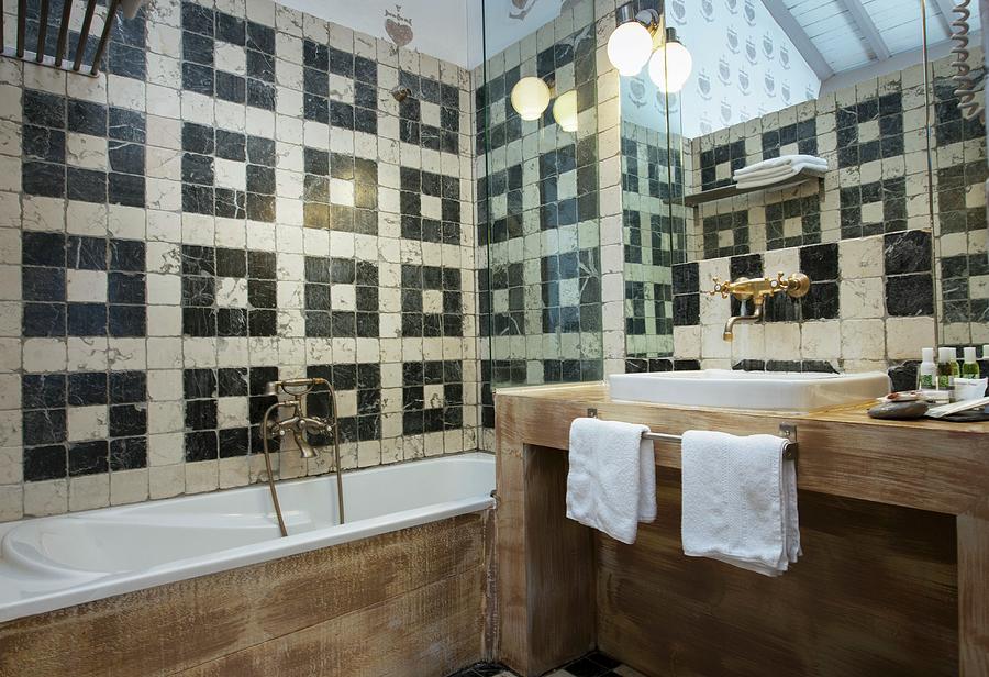 Mediterranean Bathroom With Pattern Of Black And White Wall Tiles Photograph by Christophe Madamour