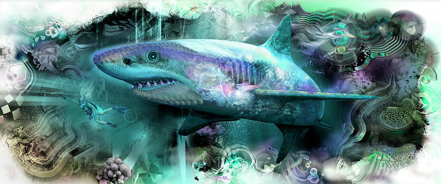 Megalodon Painting - Megalodon by Mushroom Dreams Visionary Art