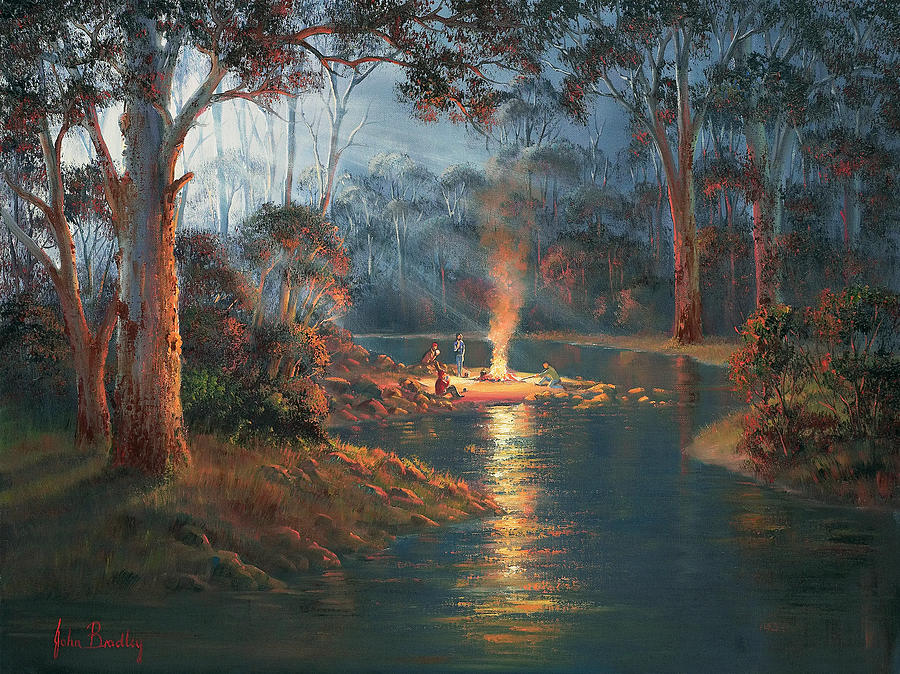 Camping Painting - Megalong Creek Moonrise by John Bradley