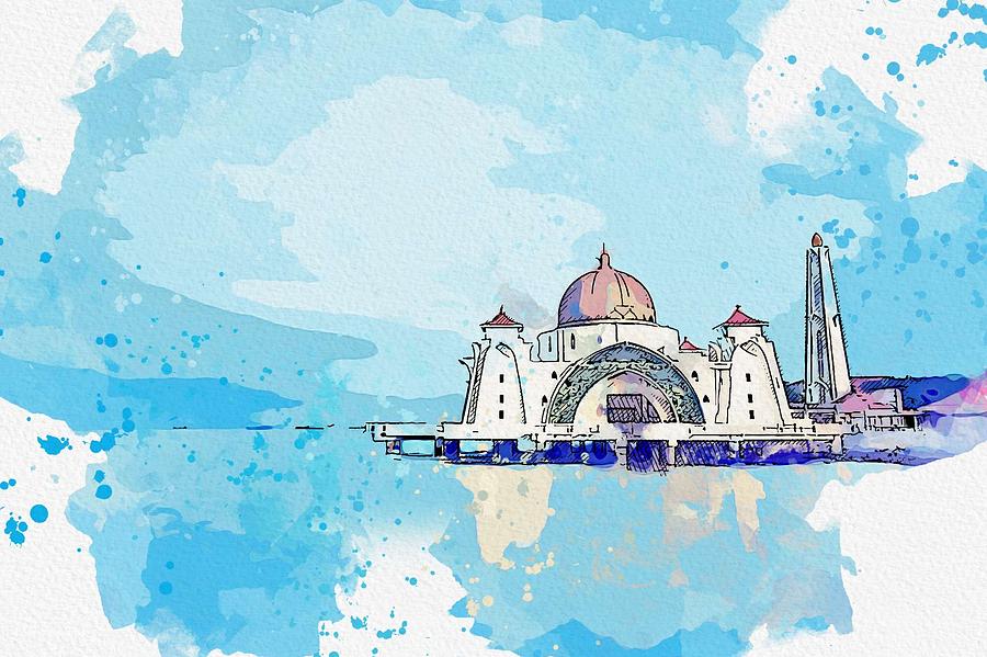 Architecture Painting - Melaka mosque, Malaysia  c2019, watercolor by Adam Asar by Celestial Images