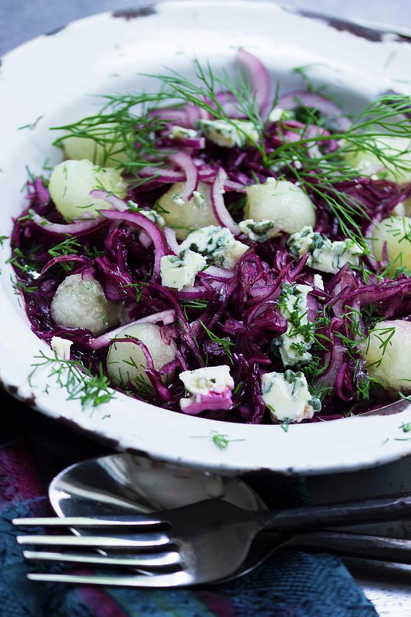 Melon And Red Cabbage Salad With Fresh Dill And Diced Roquefort Photograph by Charlotte Von Elm