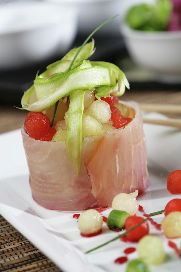 Melon And Watermelon Cubes With Swordfish And Wild Green Asparagus ...